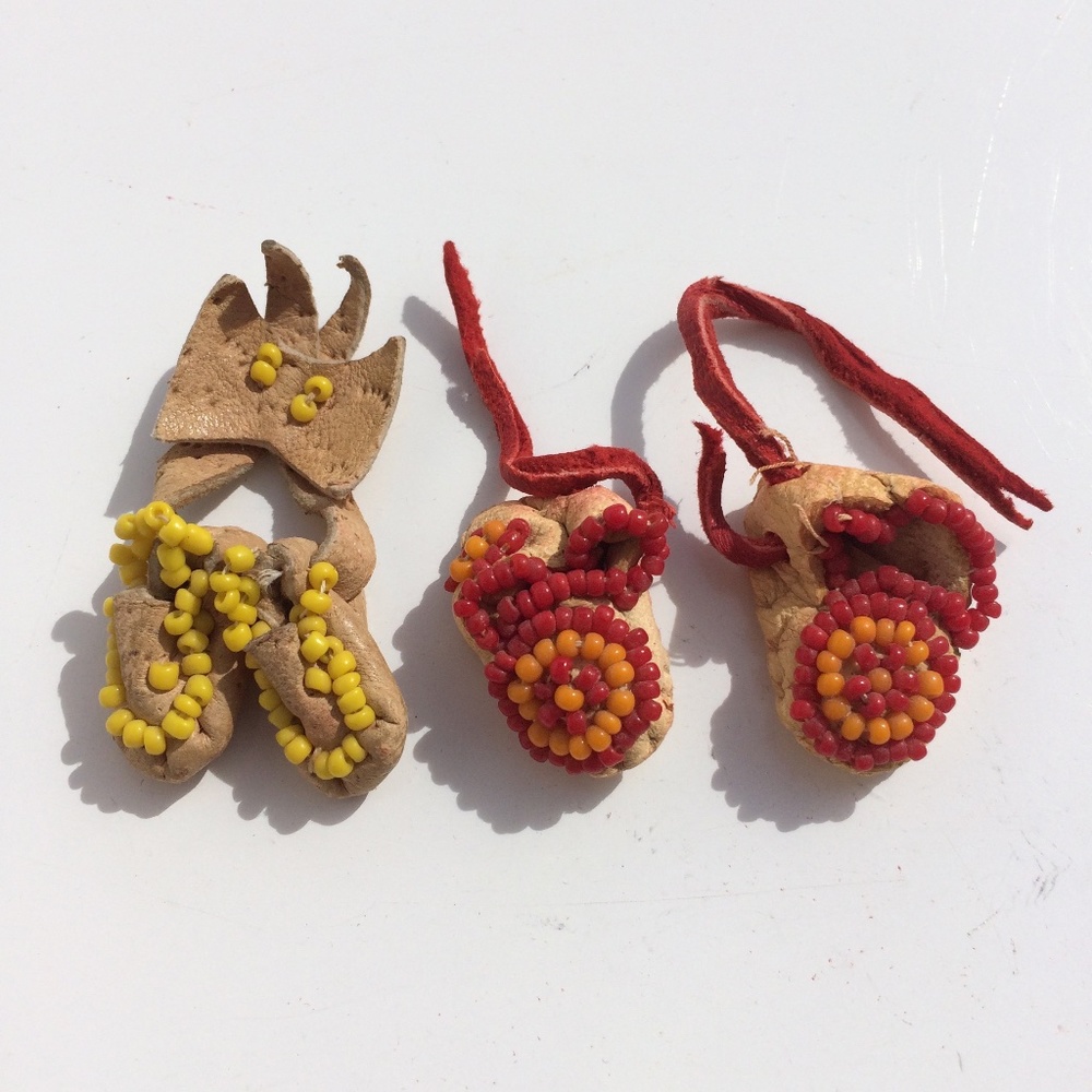 Miniature Leather Beaded Moccasins 2 Pair Handmade Folk Art Collectible